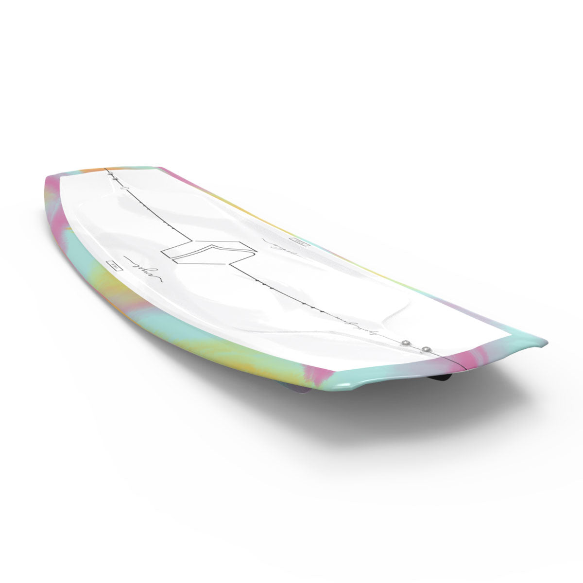 Wakeboard with minimalist white design positioned at an angle to view the top-sheet of the board.