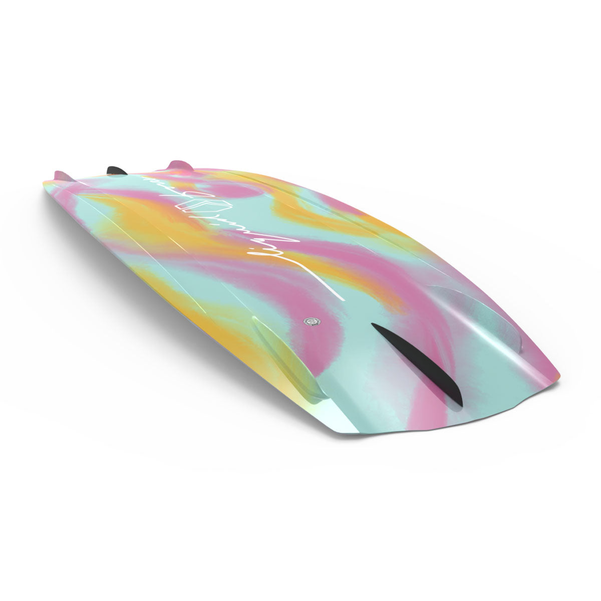 Wakeboard base in view that features a vibrant pastel swirl design with a signature on a plain white background.