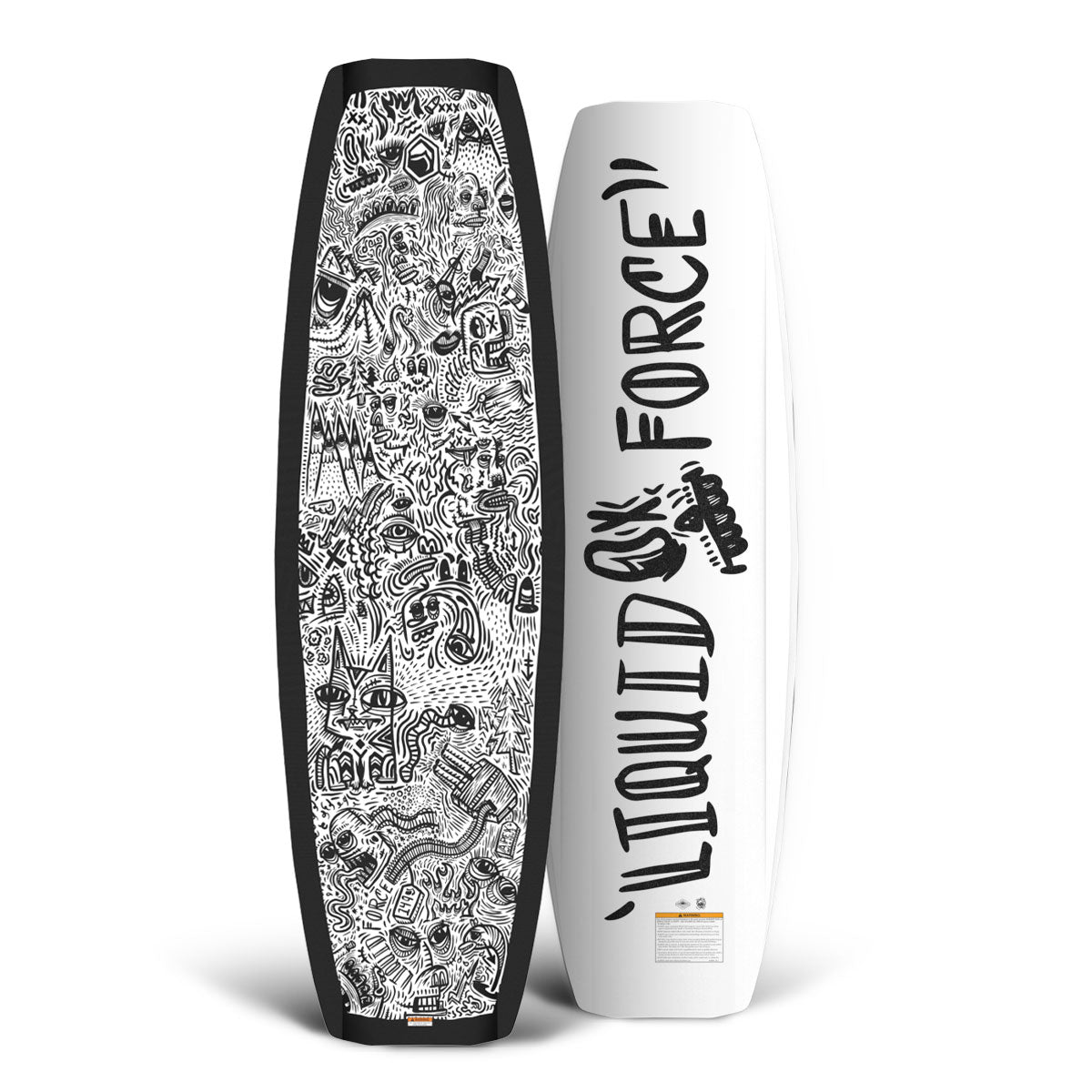 Top and bottom view of Liquid Force park wakeboard with black doodles and black border on top, clean sleek white base and branding on the bottom.