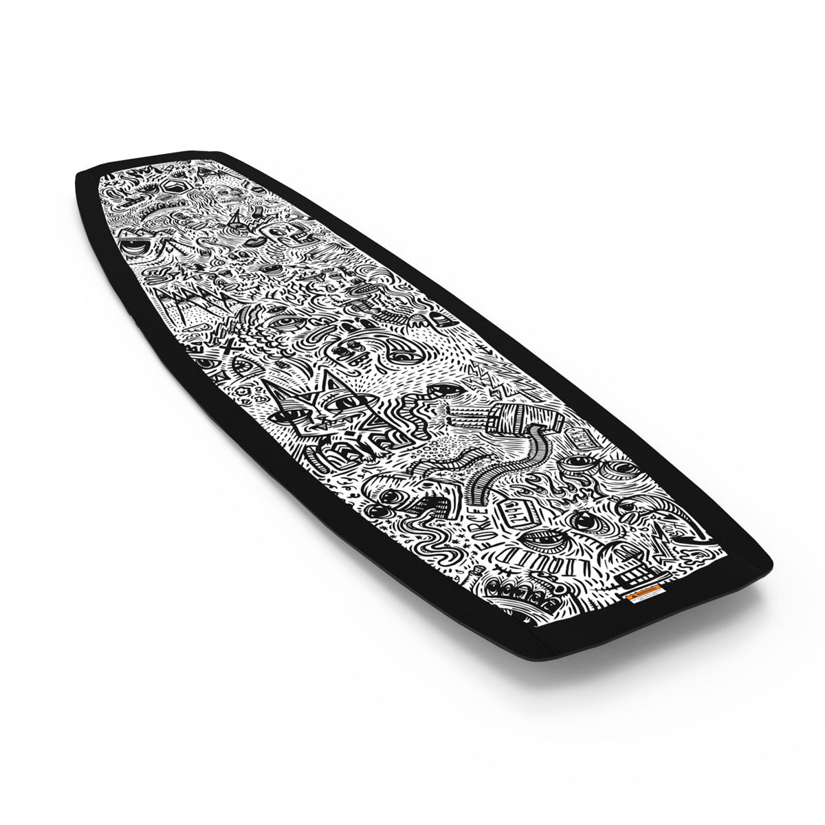 Liquid Force wakeboard with intricate black-and-white abstract designs on its surface.