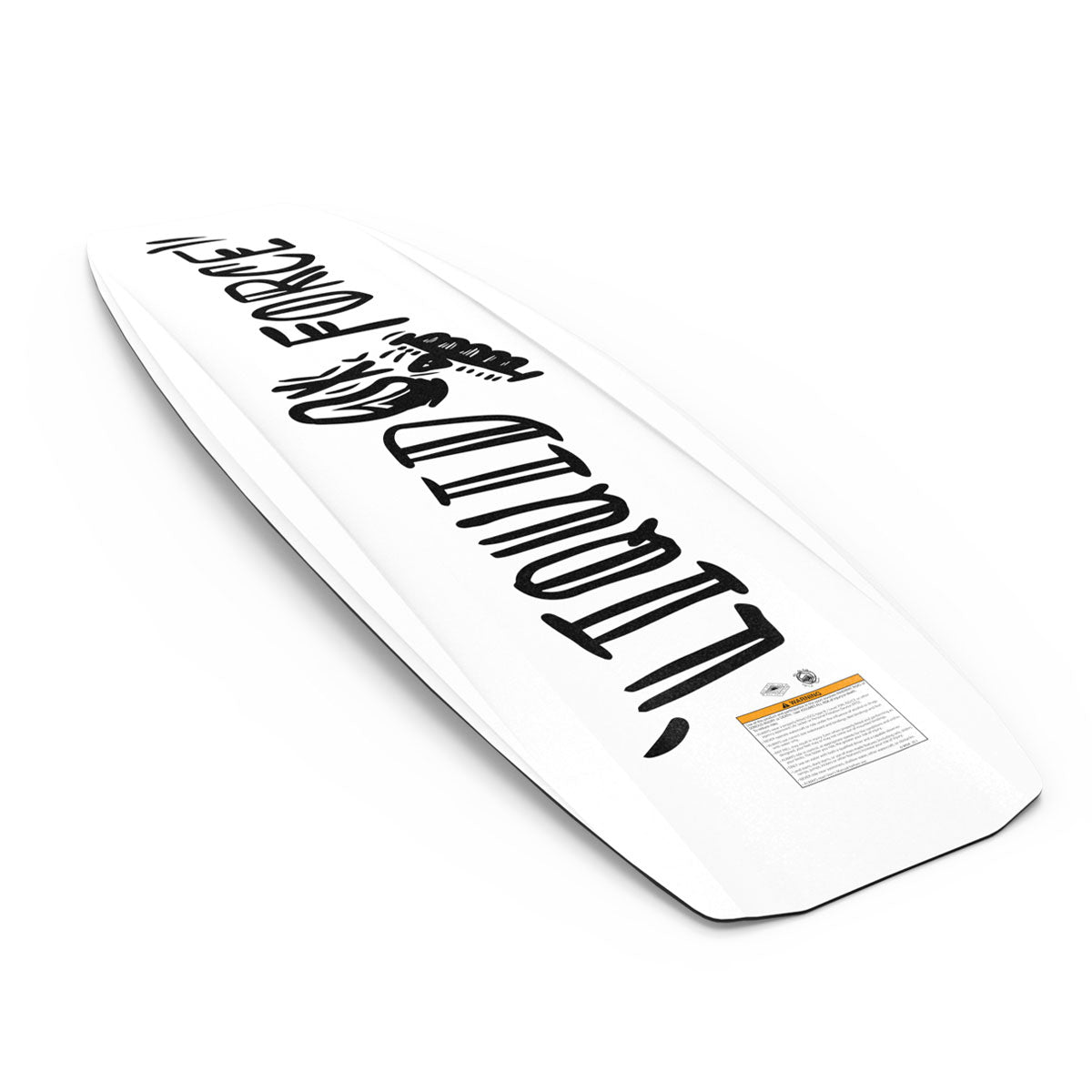 Liquid Force deck: white with black graffiti text and a fist graphic, ideal for wakeboarding.