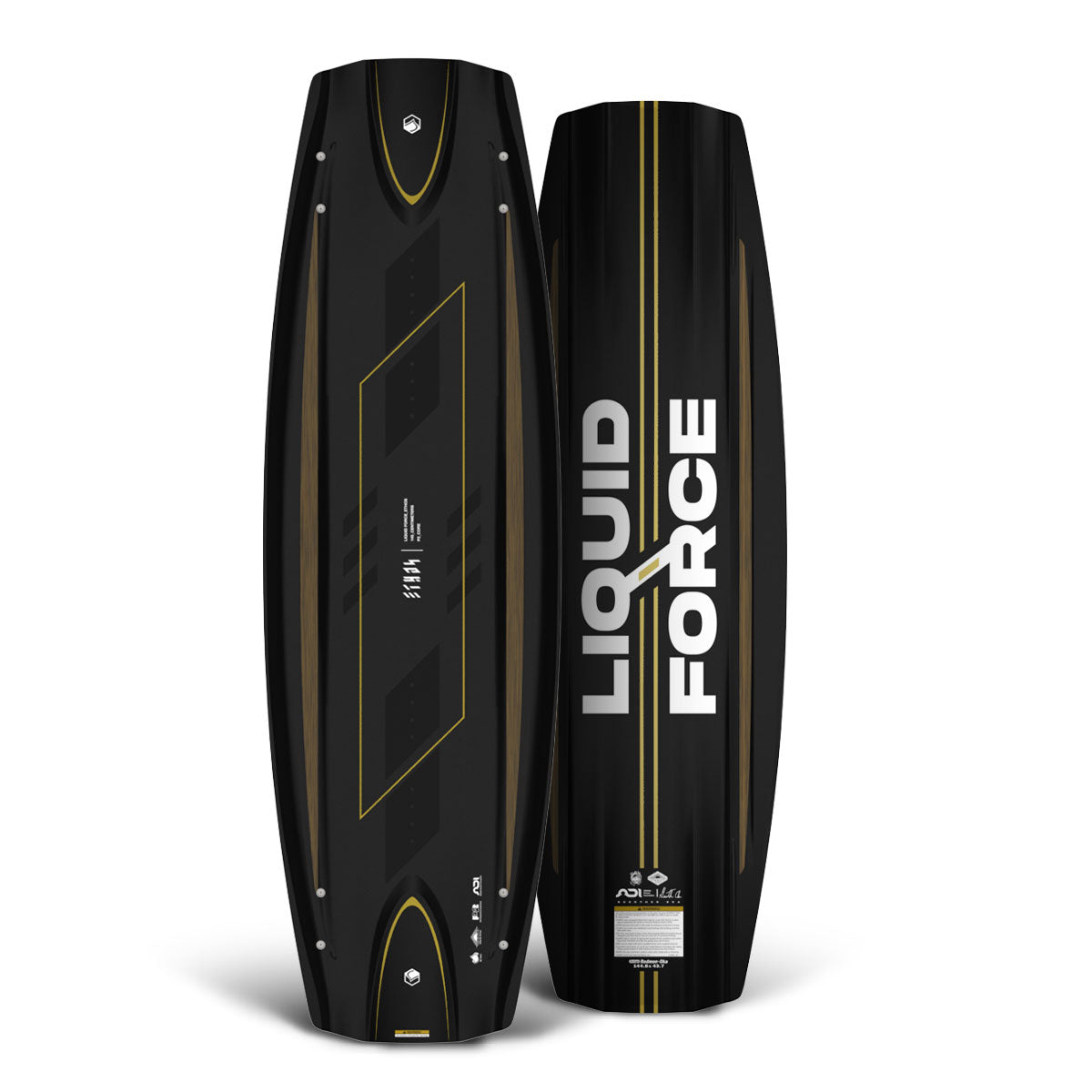 Top and bottom view of Liquid Force Ethos wakeboard in black with yellow accents and logo, shown front and back.