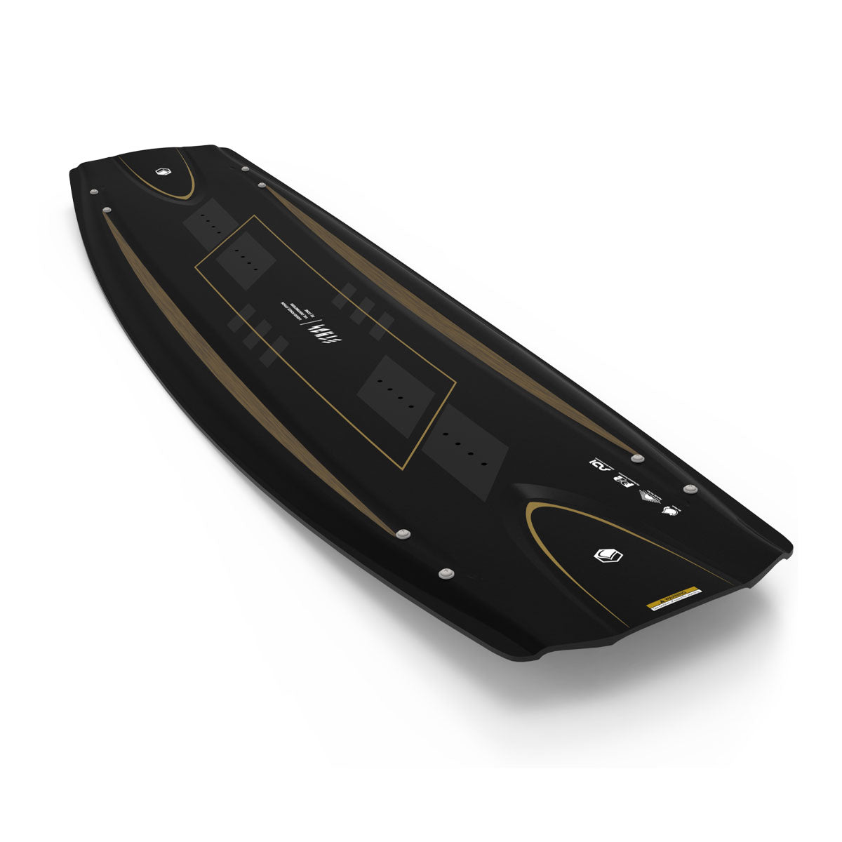 The Ethos wake foil by Liquid Force showcases a sleek black and gold design with the brand logo at its center.