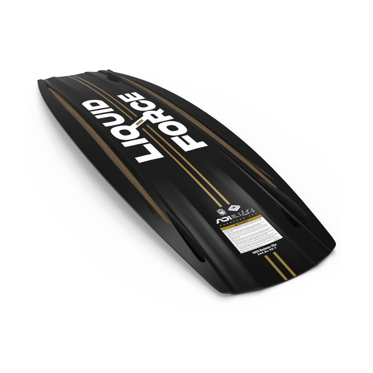 Black Liquid Force Ethos wakeboard with yellow stripes on white, perfect for wake surf adventures.