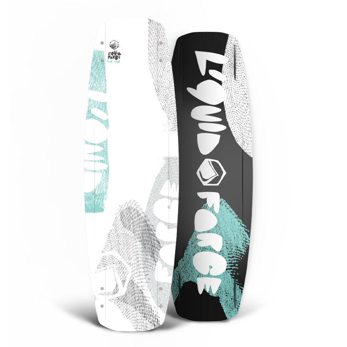 Top and bottom view of Liquid Force park wakeboard with abstract designs in white, teal, and black.