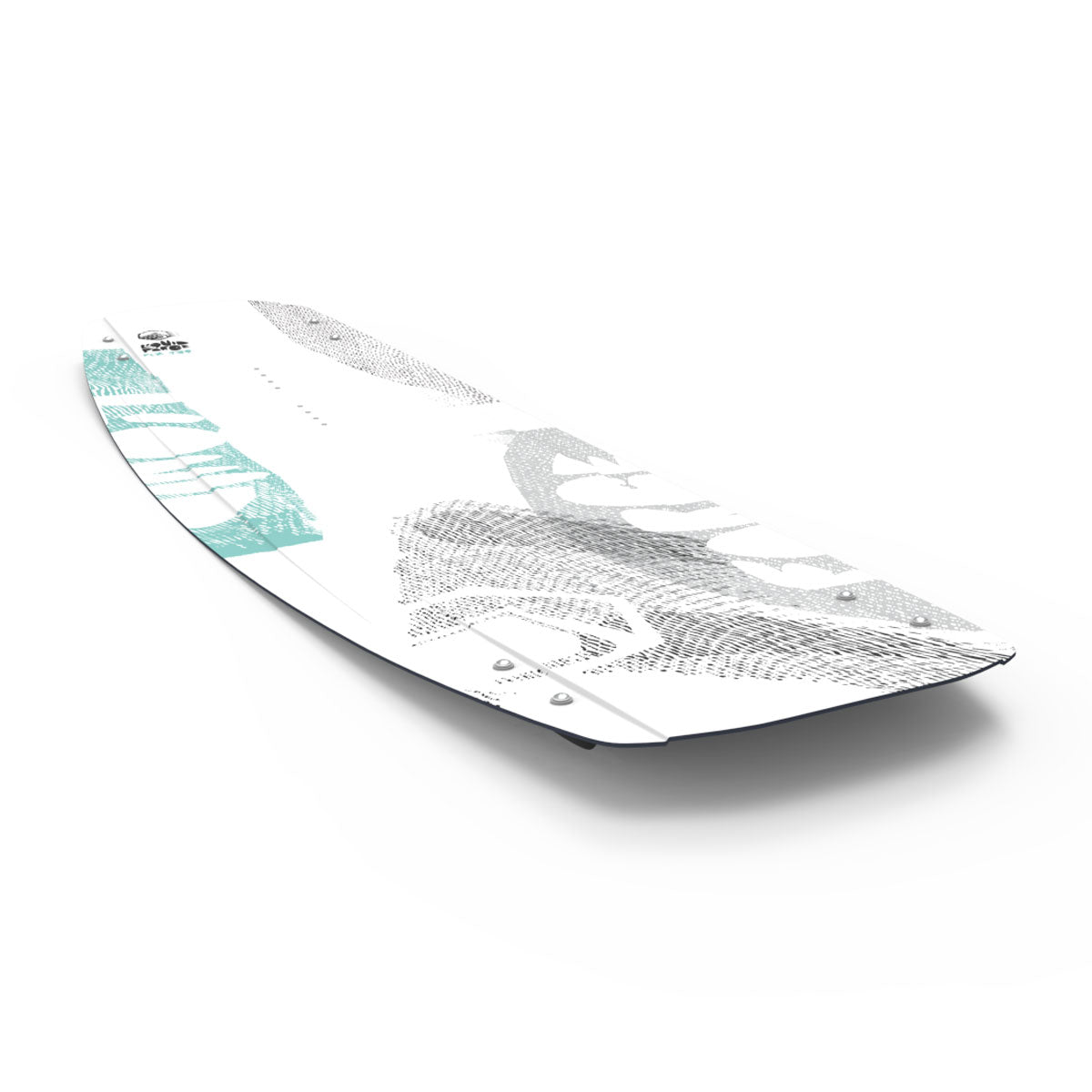 Liquid Force white and teal wakeboard with abstract design on a white background.