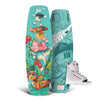 Top and bottom view of Holiday FS w/ Dream 6R: Vibrant wakeboard with playful cartoon graphics and grey boot attached.