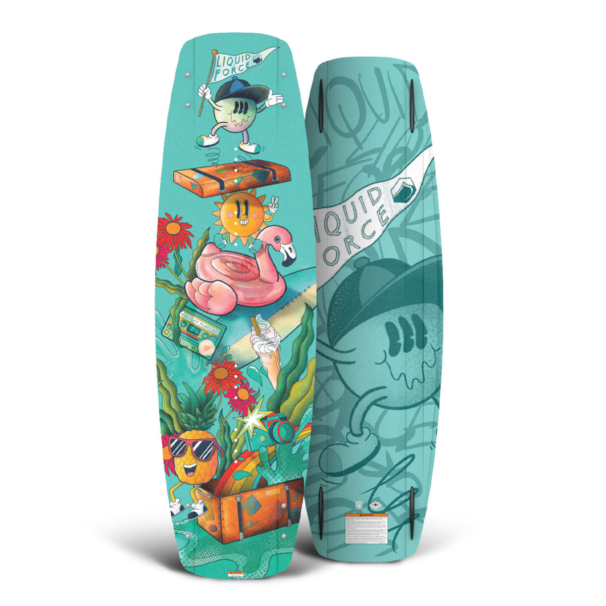 Top and bottom view of Colorful Liquid Force wakeboard featuring fun cartoon graphics.