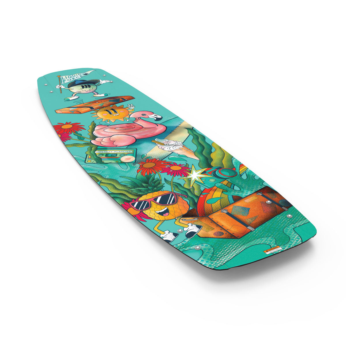 Liquid Force vivid deck features beach-themed characters with a tropical wakeboard feel.