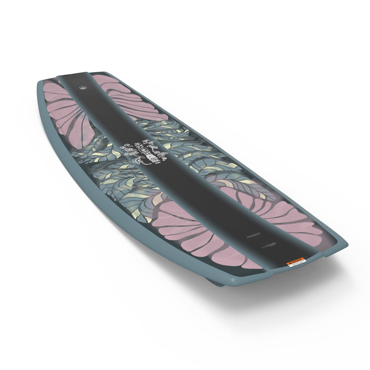 Wakeboard with a vibrant abstract pattern in blue, green, and pink on the deck, viewed from the top / side-angle.