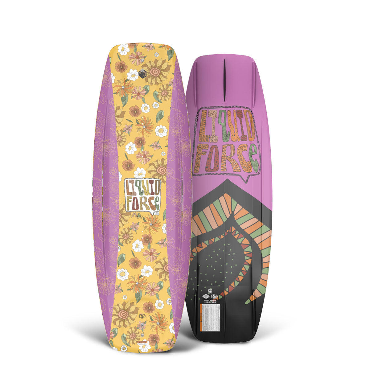 Top and bottom view of vivid wakeboard with floral art and the other with abstract designs, are displayed side by side.