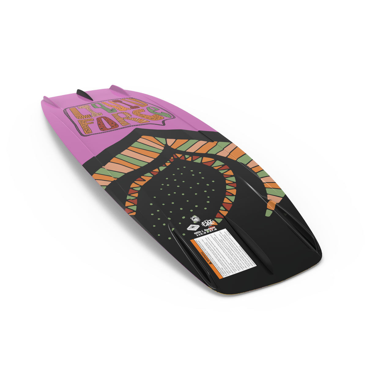 Angled bottom view of a wakeboard with a green and orange abstract design.