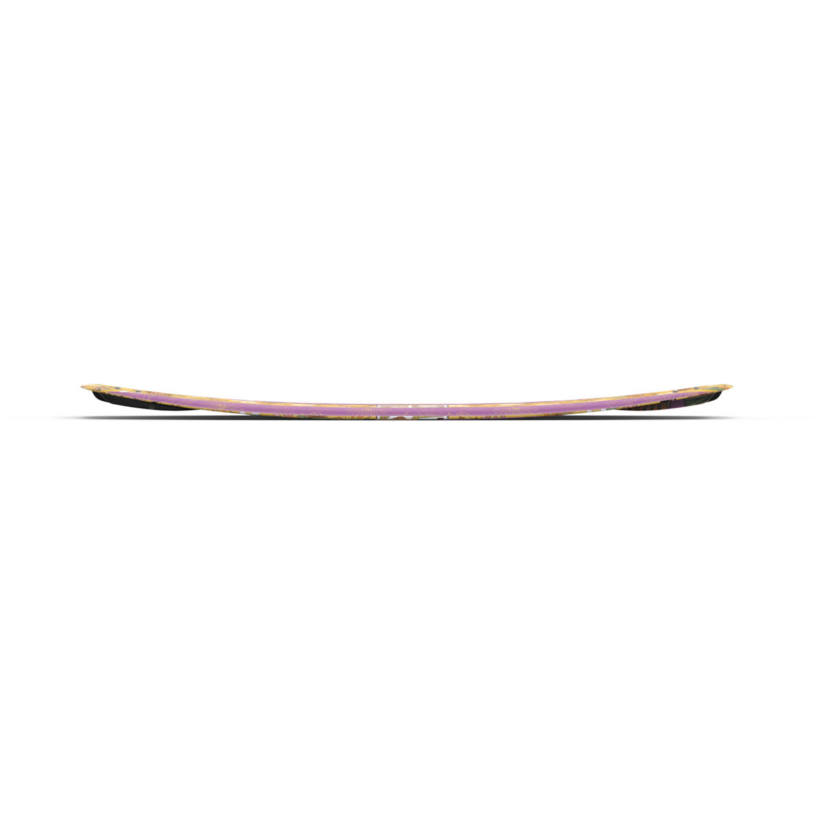 Side view of wakeboard showcasing its concave curved shape against a white background.