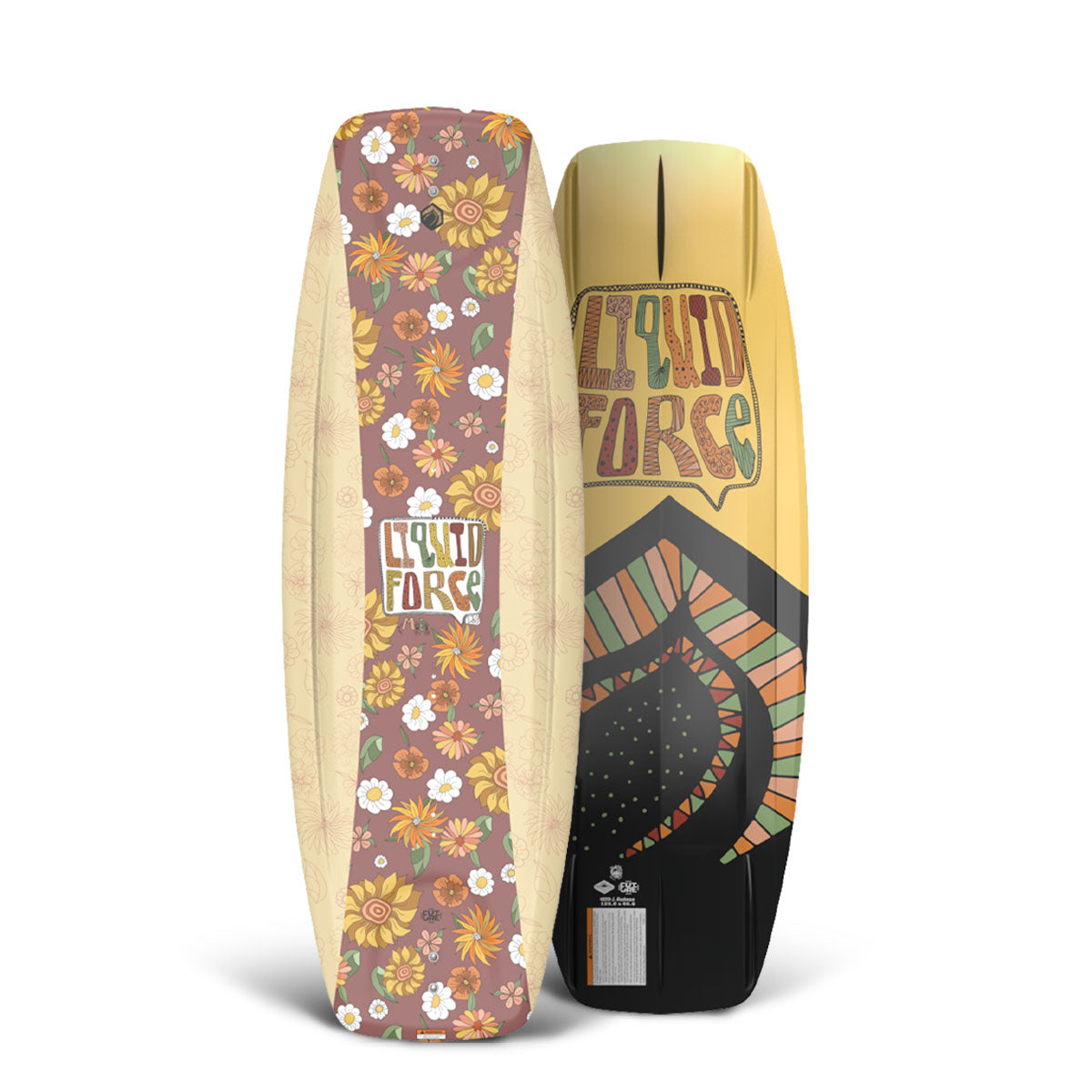 Top and bottom view of Liquid Force M.E. FS wakeboard: one with floral patterns top-sheet, and geometric designs on the bottom-sheet