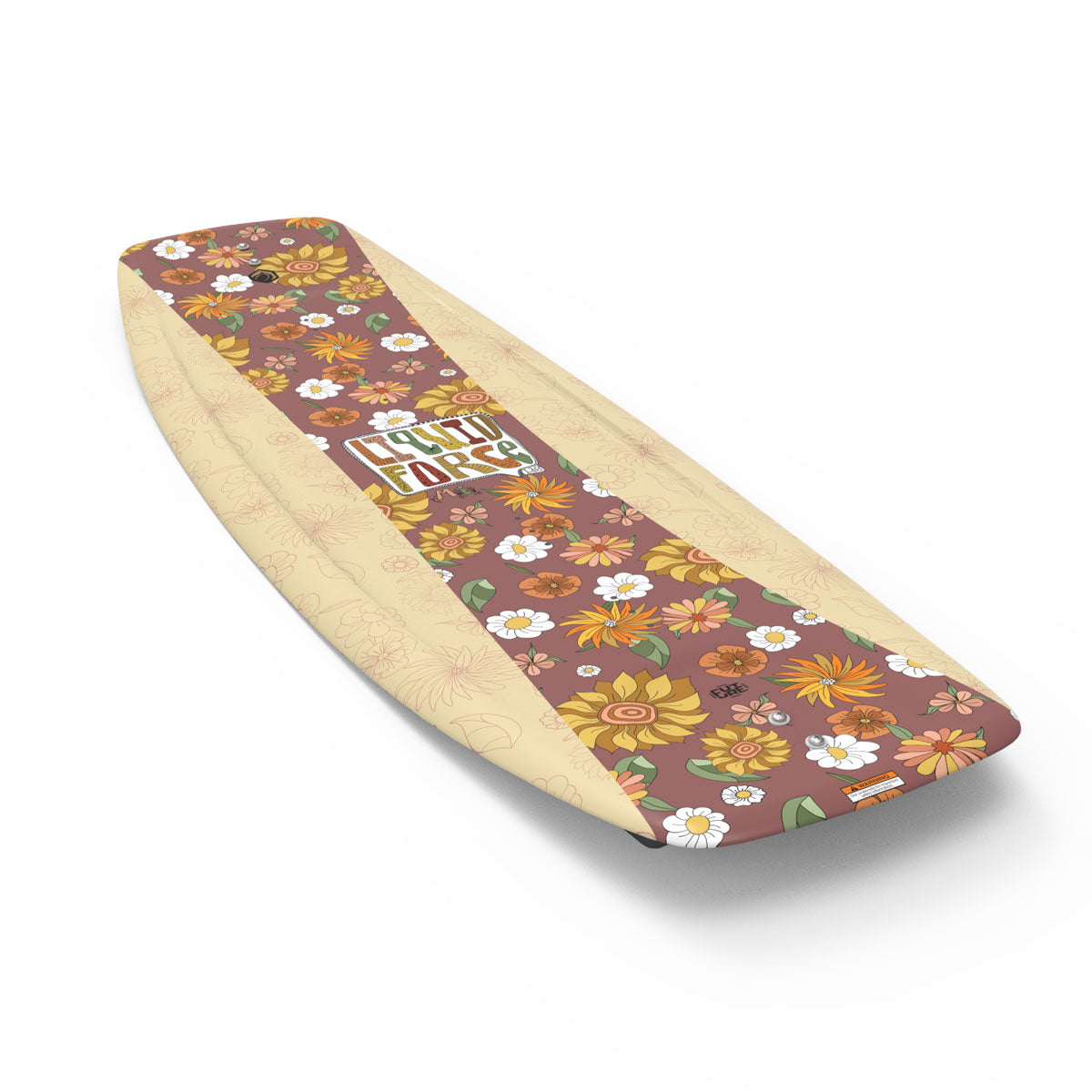 M.E. FS wakeboard with a floral pattern and Liquid Force logo on a beige background.