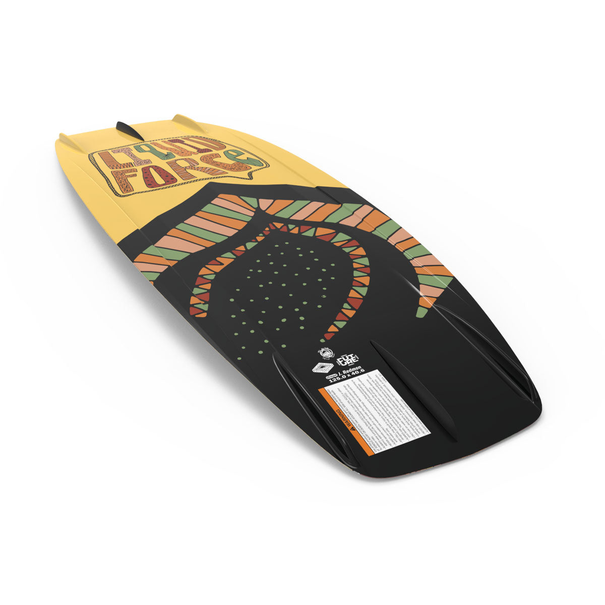 Yellow and black M.E. FS deck by Liquid Force with abstract designs.