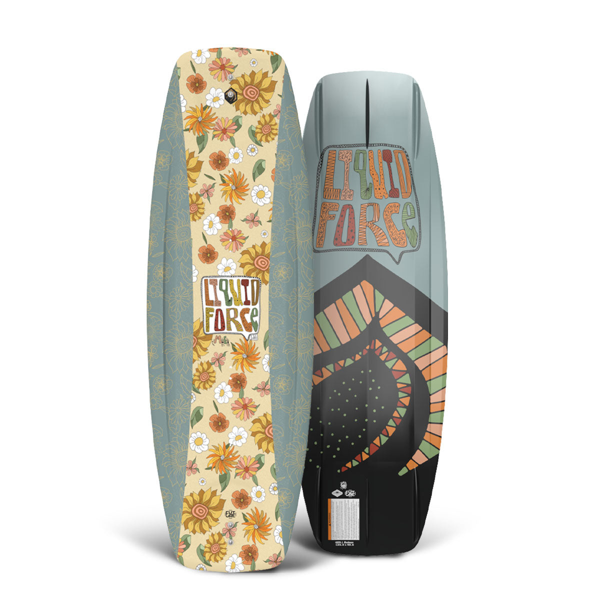 Top and bottom view of Liquid Force M.E. FS wakeboard, one floral top-sheet and one geometric base