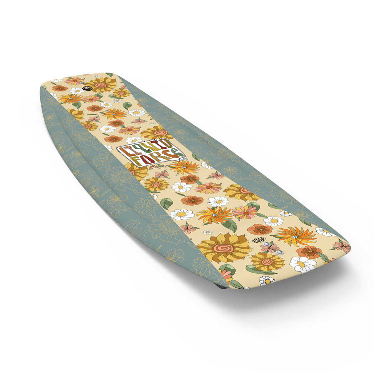 The M.E. FS by Liquid Force is a wakeboard with sunflowers and daisies on a beige and light blue background.