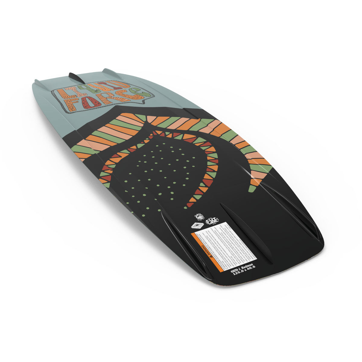 The Liquid Force M.E. FS wake surfboard features a colorful tribal design with green dots on a black surface.