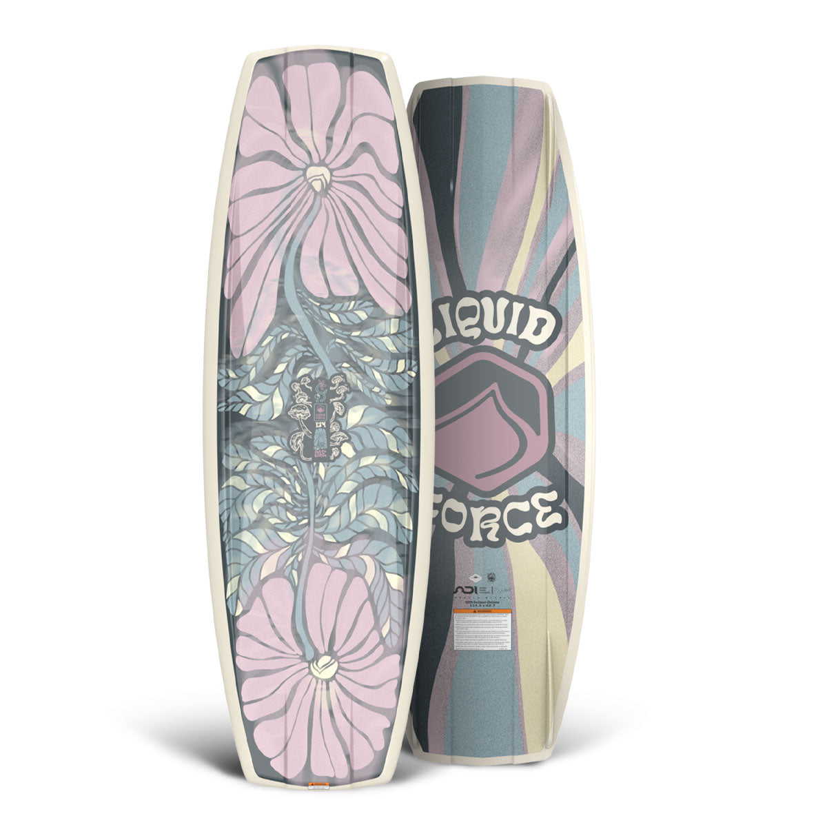 Top and bottom view of wakeboard with pink, purple, and teal floral designs.