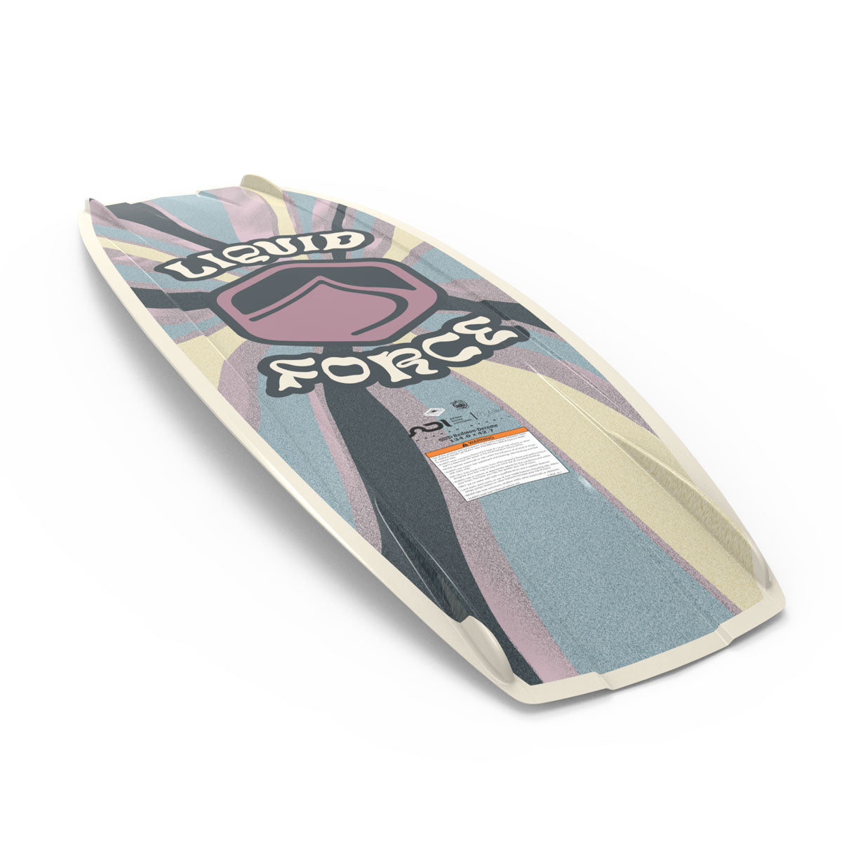 The Liquid Force M.E. wakeboard showcases a vibrant multicolored abstract design with bold brand text.