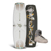 Top and bottom view of wakeboard package includes gray wakeboard and matching wakeboard boots.