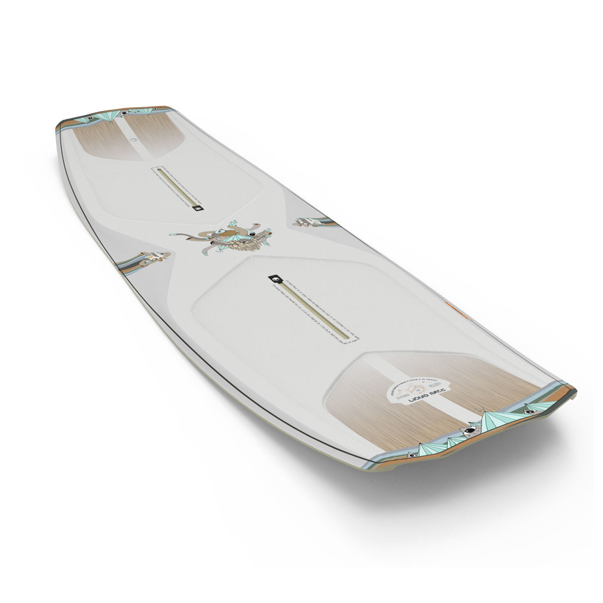 Top view of a light grey wakeboard with a decorative design, stepped deck contours, and flex track mounting channels.