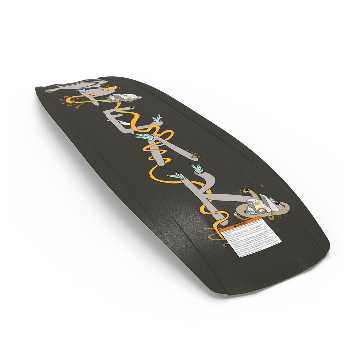 Bottom view of a wakeboard with a black base featuring gray, green, and orange graphics.