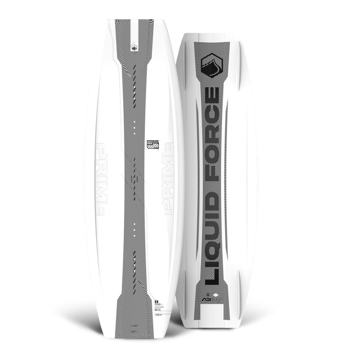 Top and bottom view of Liquid Force Prime AERO wakeboards in white with black text and geometric designs.