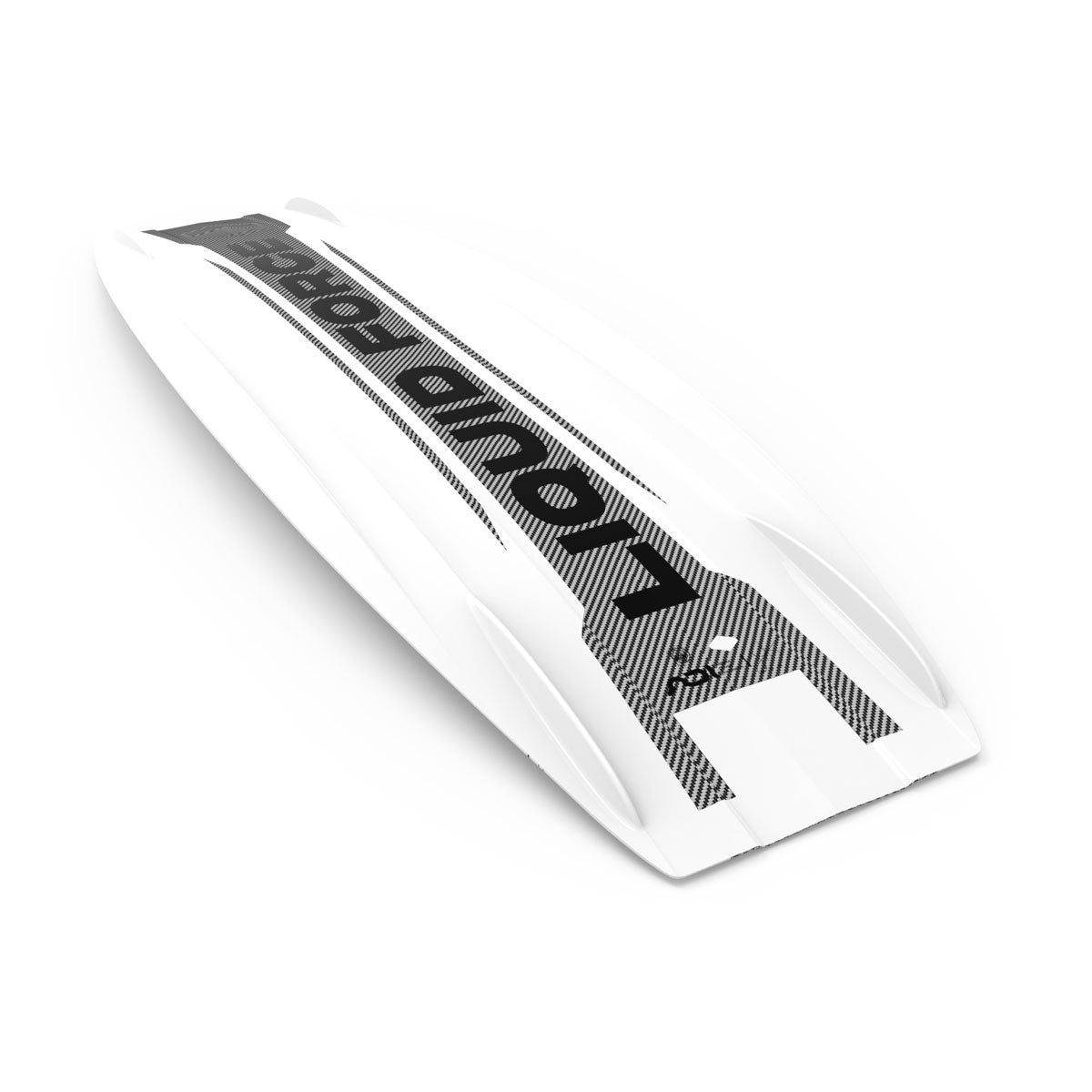 Bottom view of a white and grey wakeboard, showcasing contoured base and integrated fins.