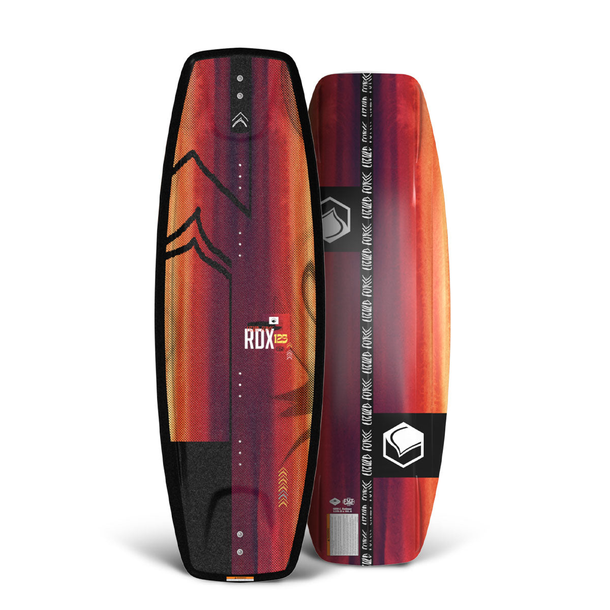 Top and bottom view of wakeboards, RDX FS by Liquid Force, have abstract orange, red, and black designs with logos.