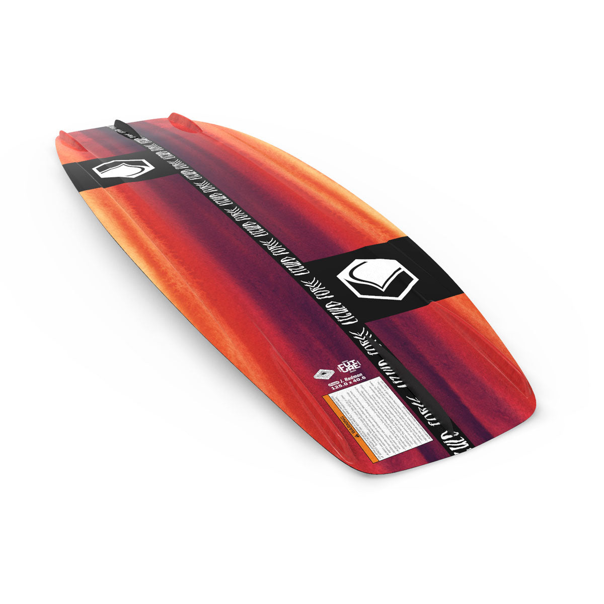 The Liquid Force RDX FS is a colorful wake surfboard with a red and orange gradient, black accents, logos, and text.