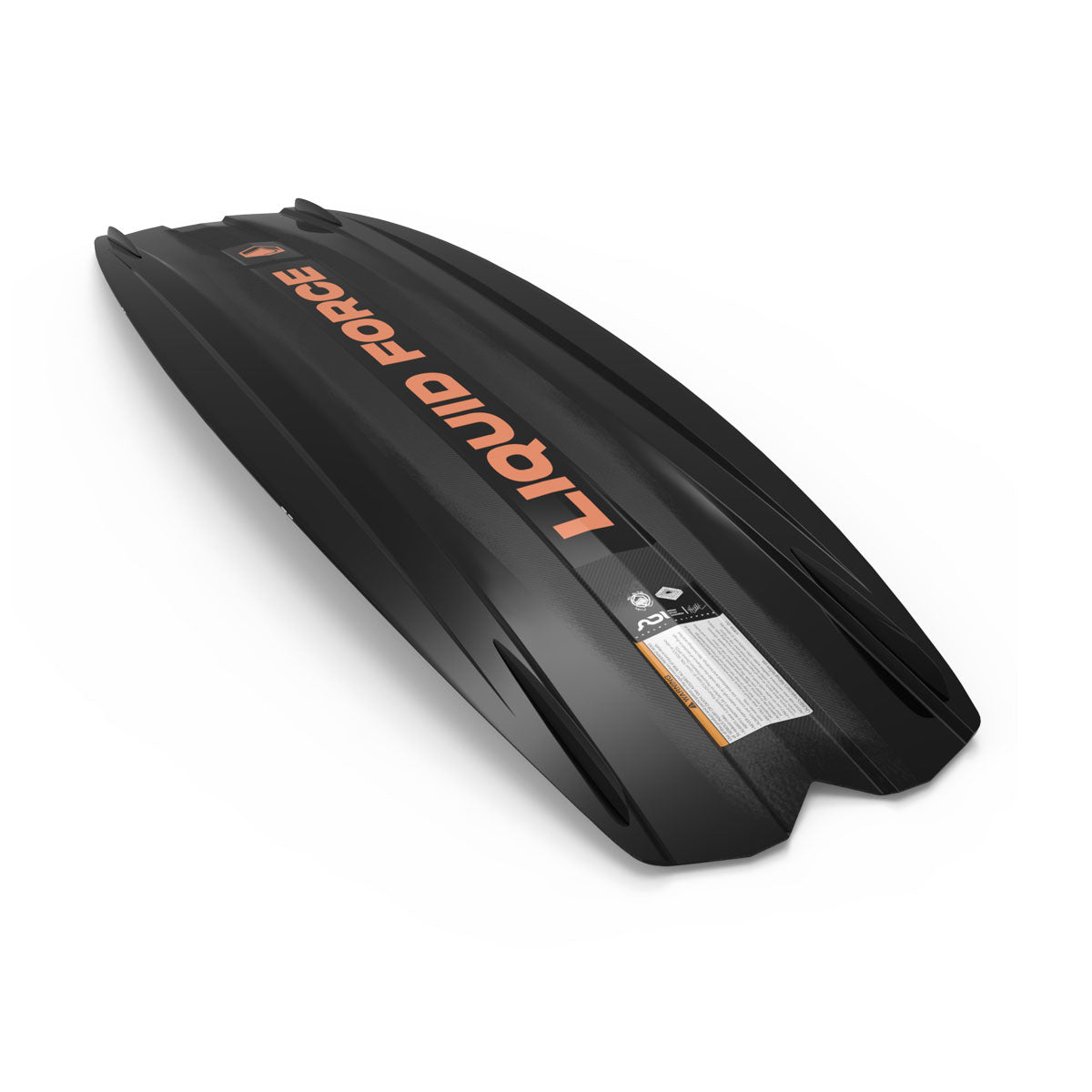 The Remedy AERO by Liquid Force is a sleek black wakeboard with orange text and a stylish curved design on white.