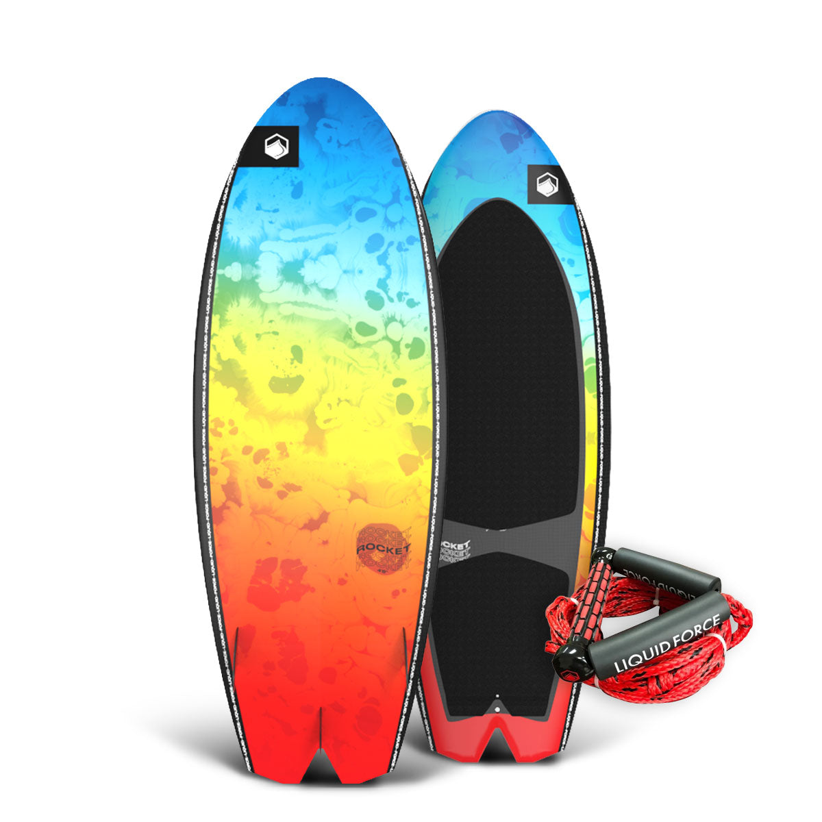 Top and bottom view of vibrant wakesurf board with abstract patterns and a red-black rope.