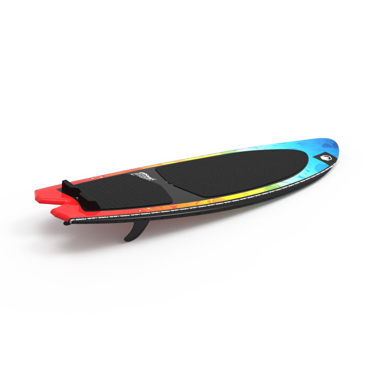 Liquid Forces wakesurf board features a sleek black top and rainbow edges on white.