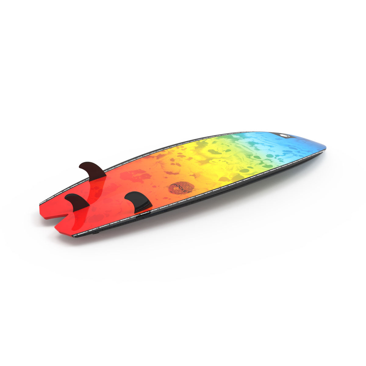 Liquid Force wakesurfer with rainbow gradient and three black fins on white.