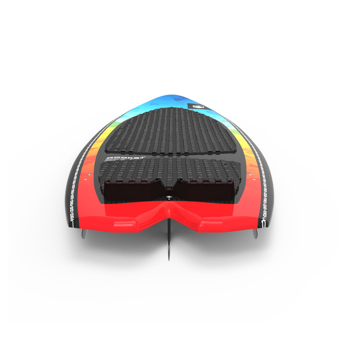 Liquid Force wakesurf board: black grip, rainbow edges, and red tail viewed from the bottom.