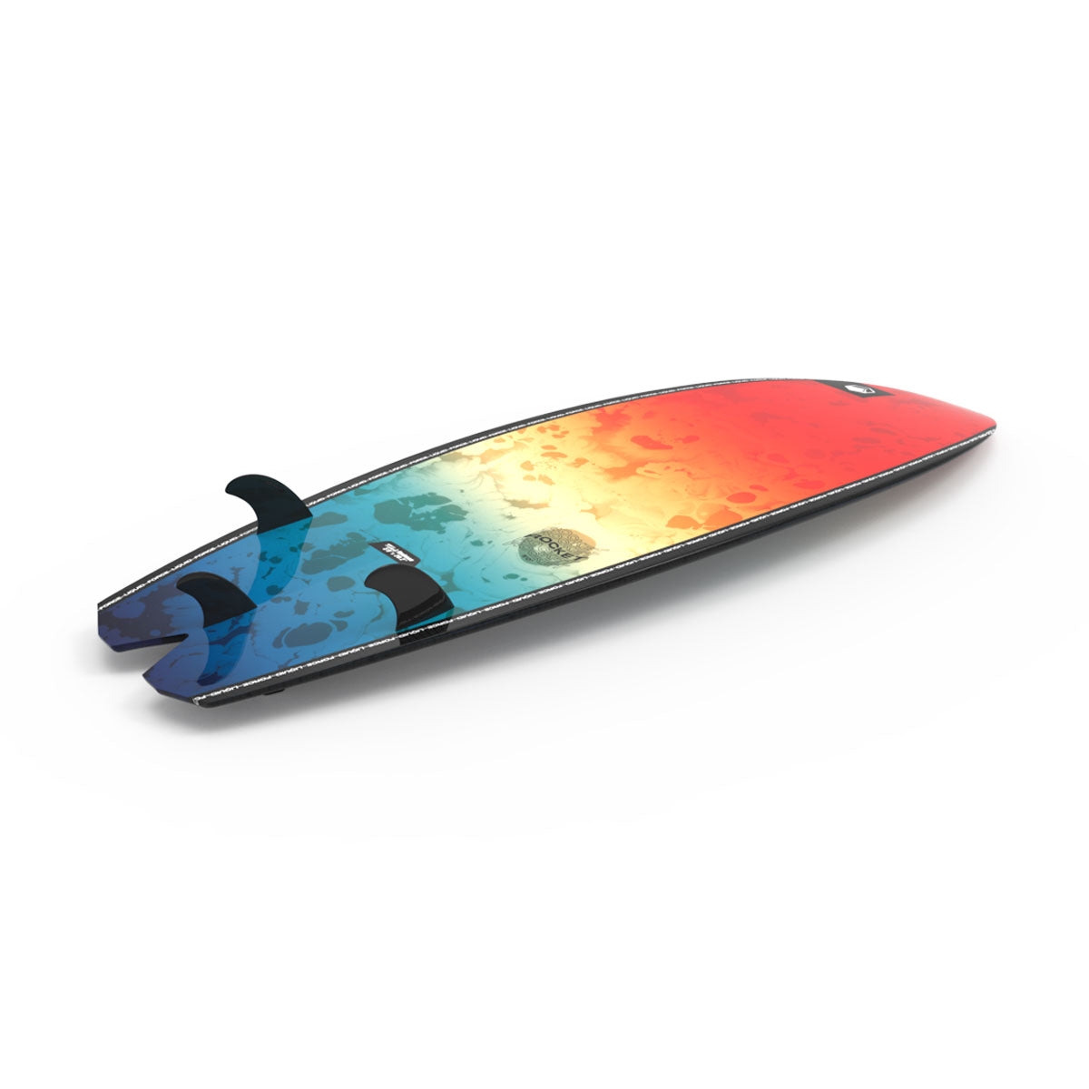 Liquid Force wakesurfboard in gradient blue/red with two fins underneath.