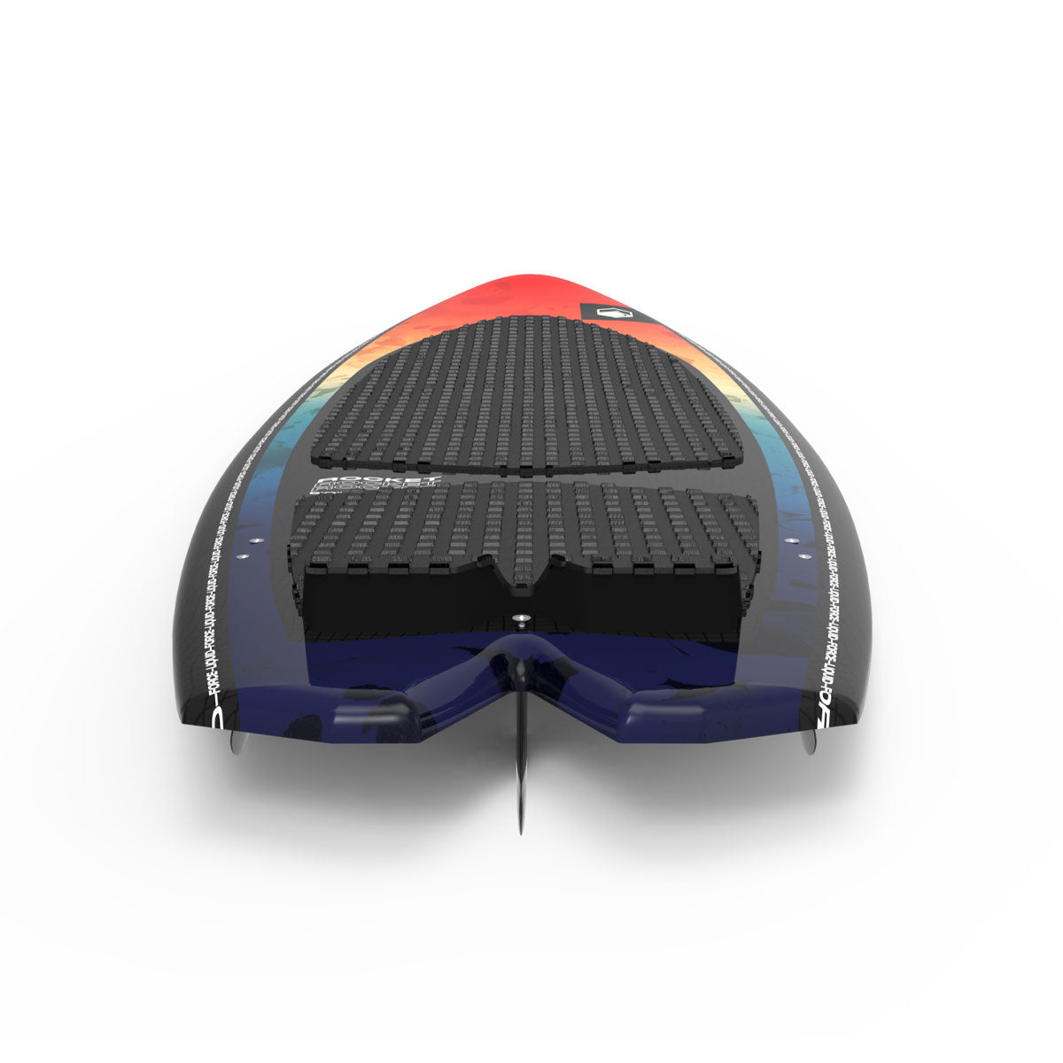 Bottom view of a wakesurfer with textured grip pad and fin.