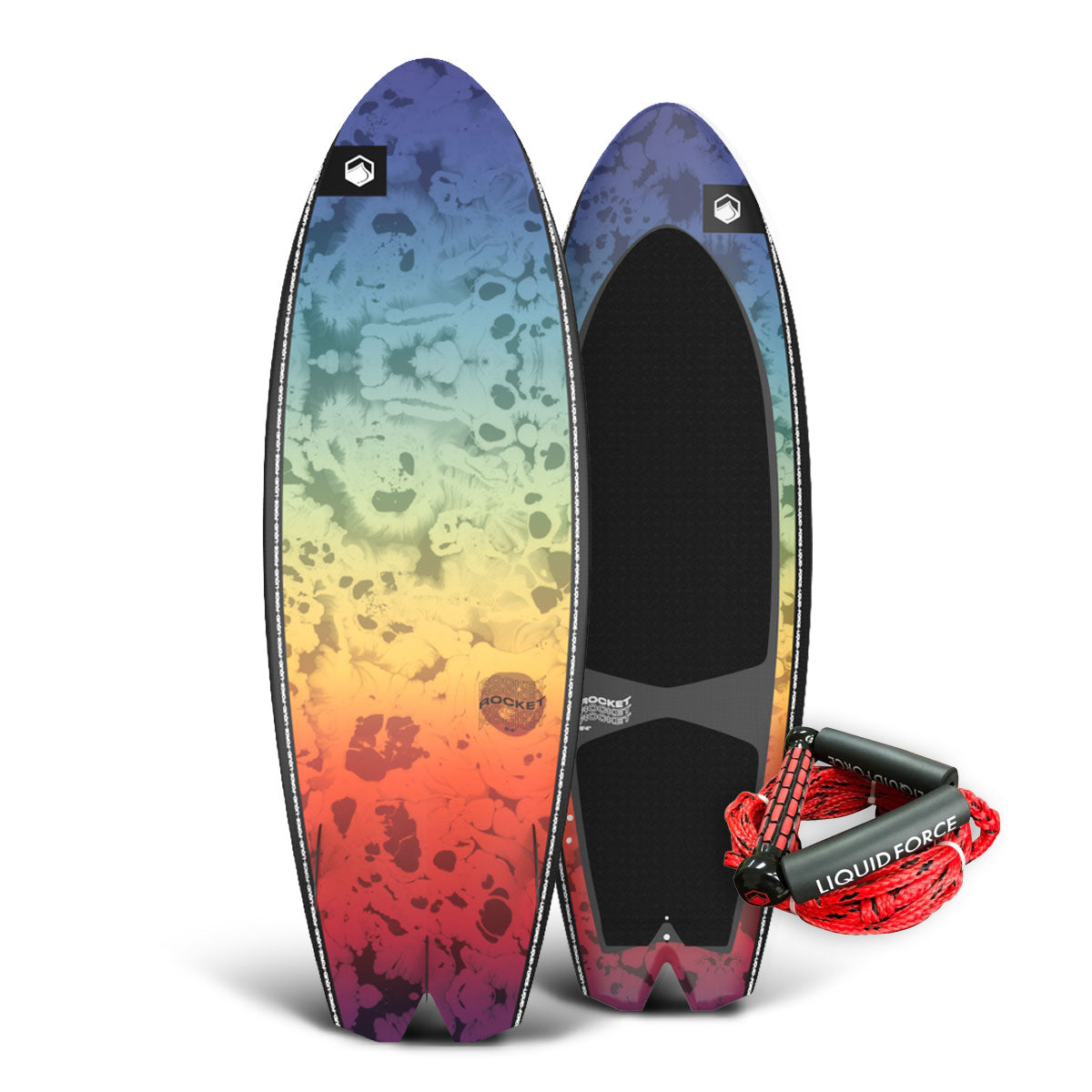 Top and bottom view of gradient wakesurf board with a red rope combo.