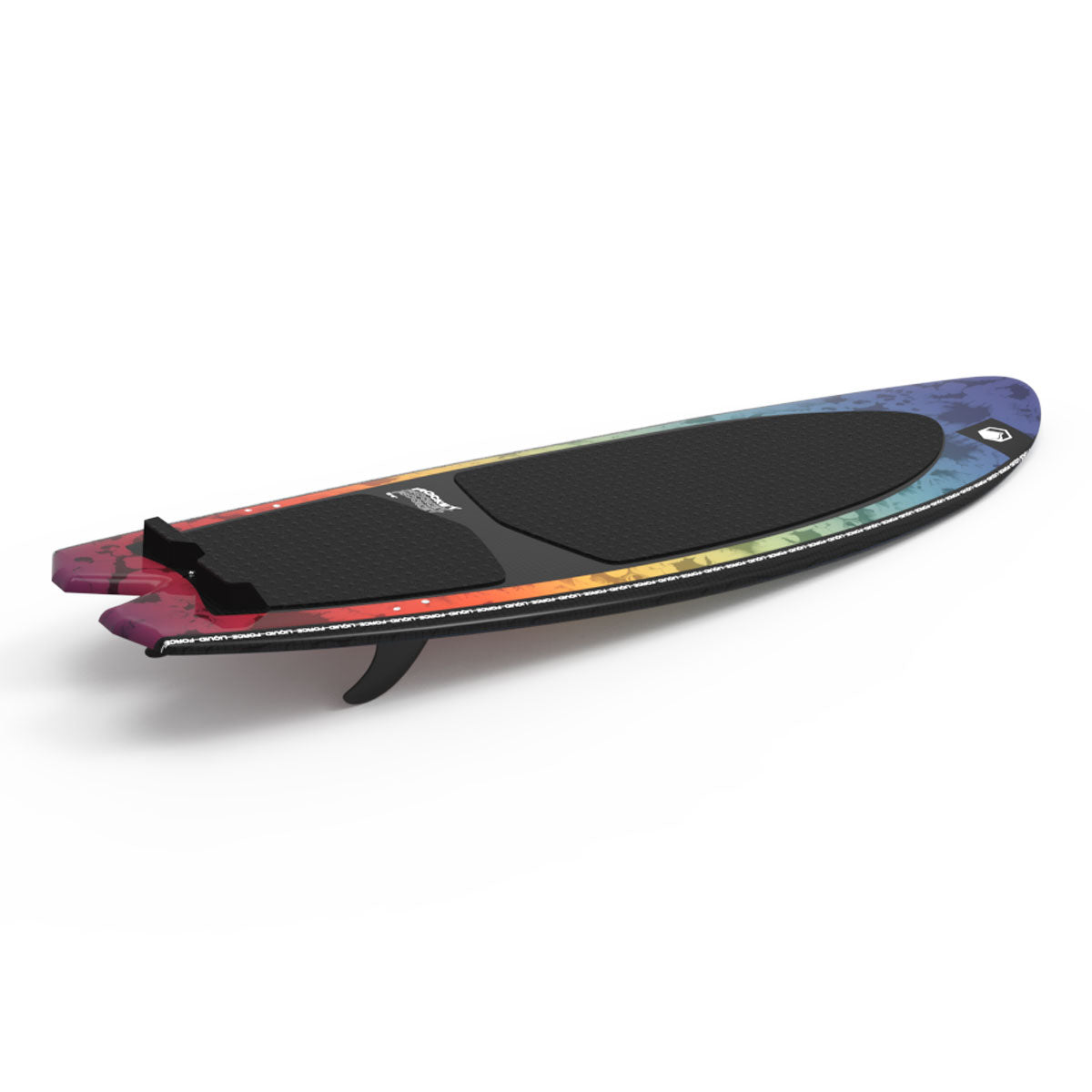 Wakesurf board with a colorful design, black deck, and fins viewed from an angle.