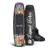 Top and bottom view of TAO w/ TAO 6X Wakeboard with comic graphics and Liquid Force branding, black boot included.