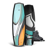 Trip w/ Index 6R wakeboard set features teal, orange, and black abstract design boots.