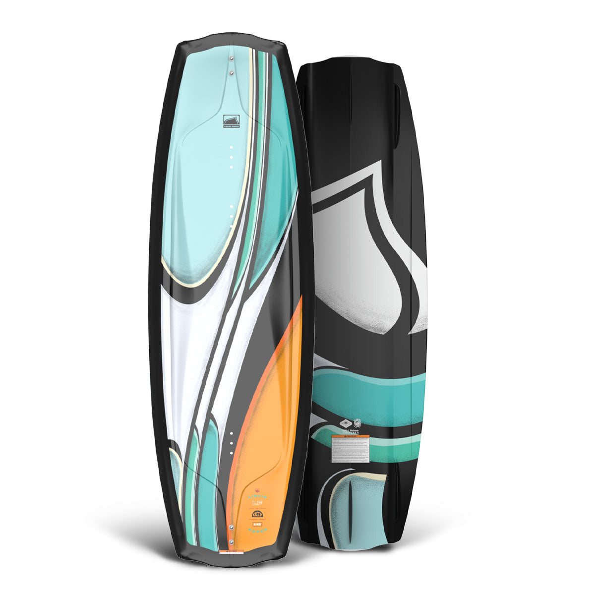 Top and bottom view of vibrant wakeboard with teal, black, white, and orange abstract designs stand displayed upright and flat.