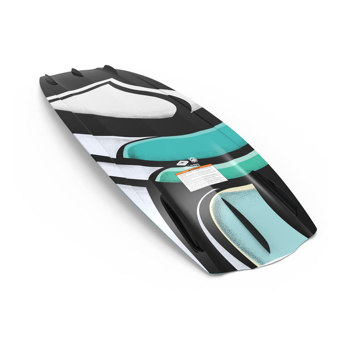 Wakeboard base has teal, black, and white colors, black fins, and a central warning label for safety.