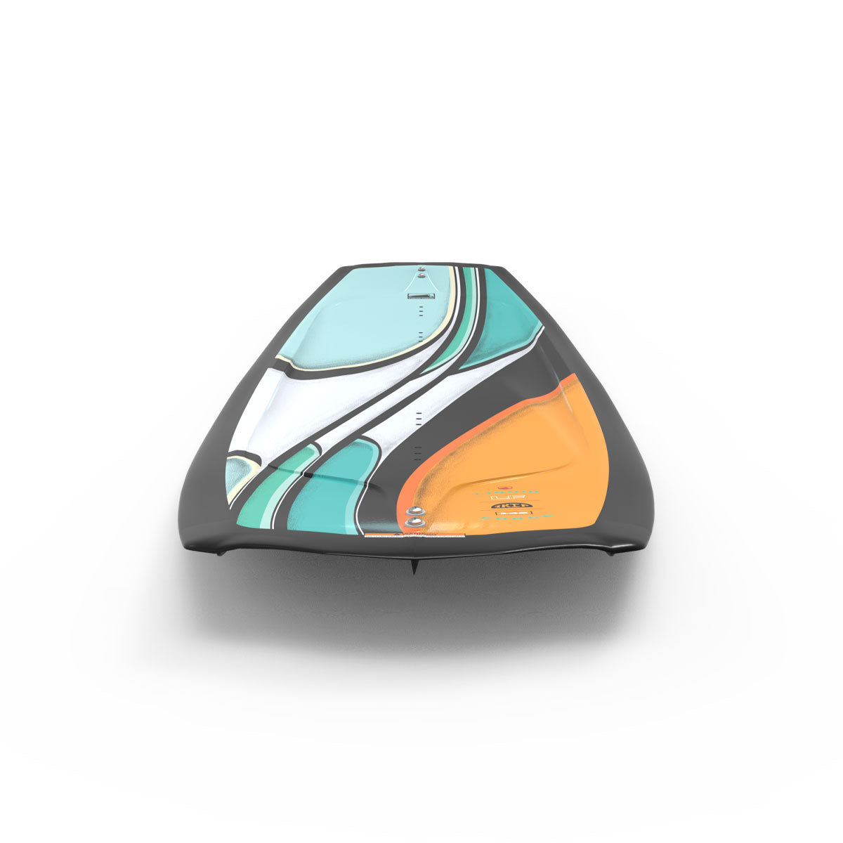 A Liquid Force Trip wake surfboard featuring abstract teal and orange patterns on a white background.