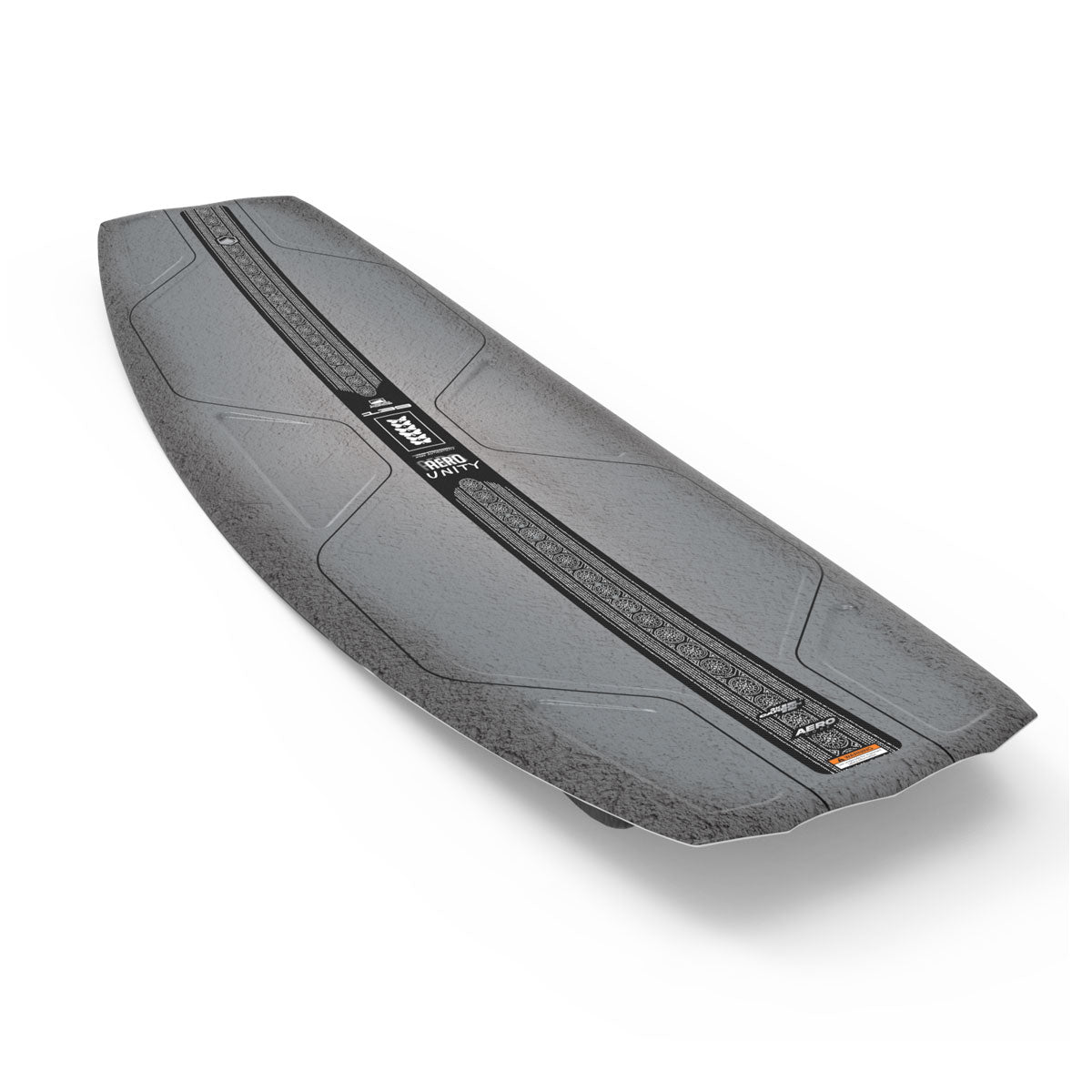 Gray wakeboard top graphic with a textured surface and a central black stripe.