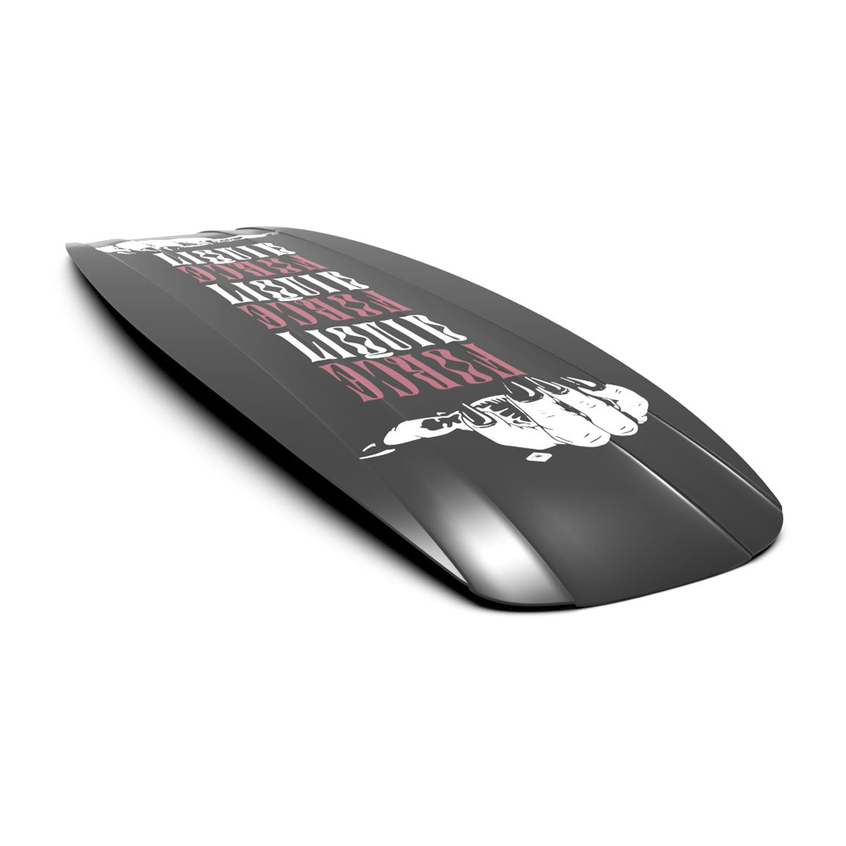 Liquid Force black wakeboard with graffiti text and hand holding pen image.