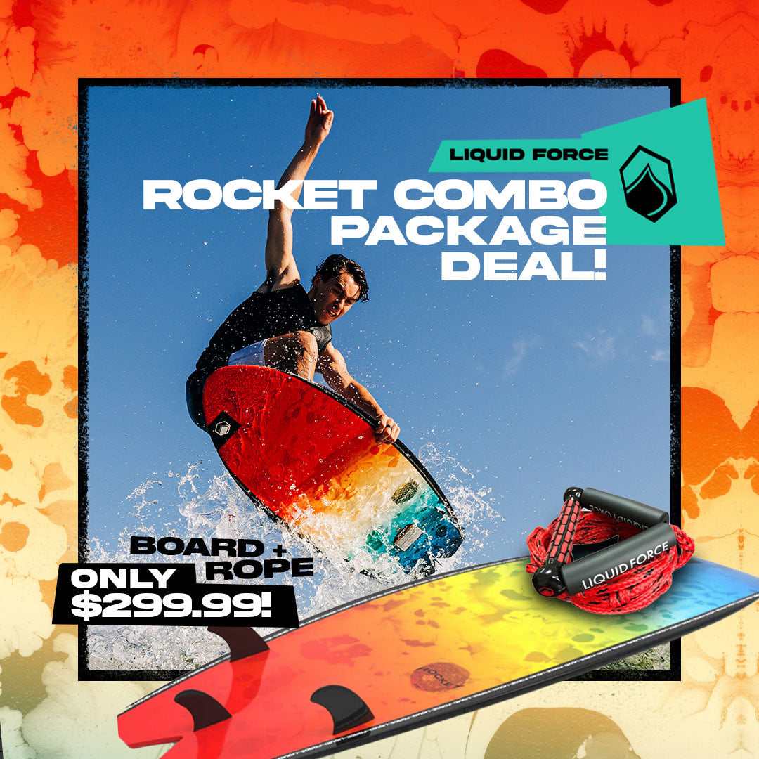 Liquid Force Team Rider Guenther Oka doing an air on the Rocket Wakesurf Board.  Vibrant colors fading from Red to Yellow highlighting the Wakesurf + Rope Combo.